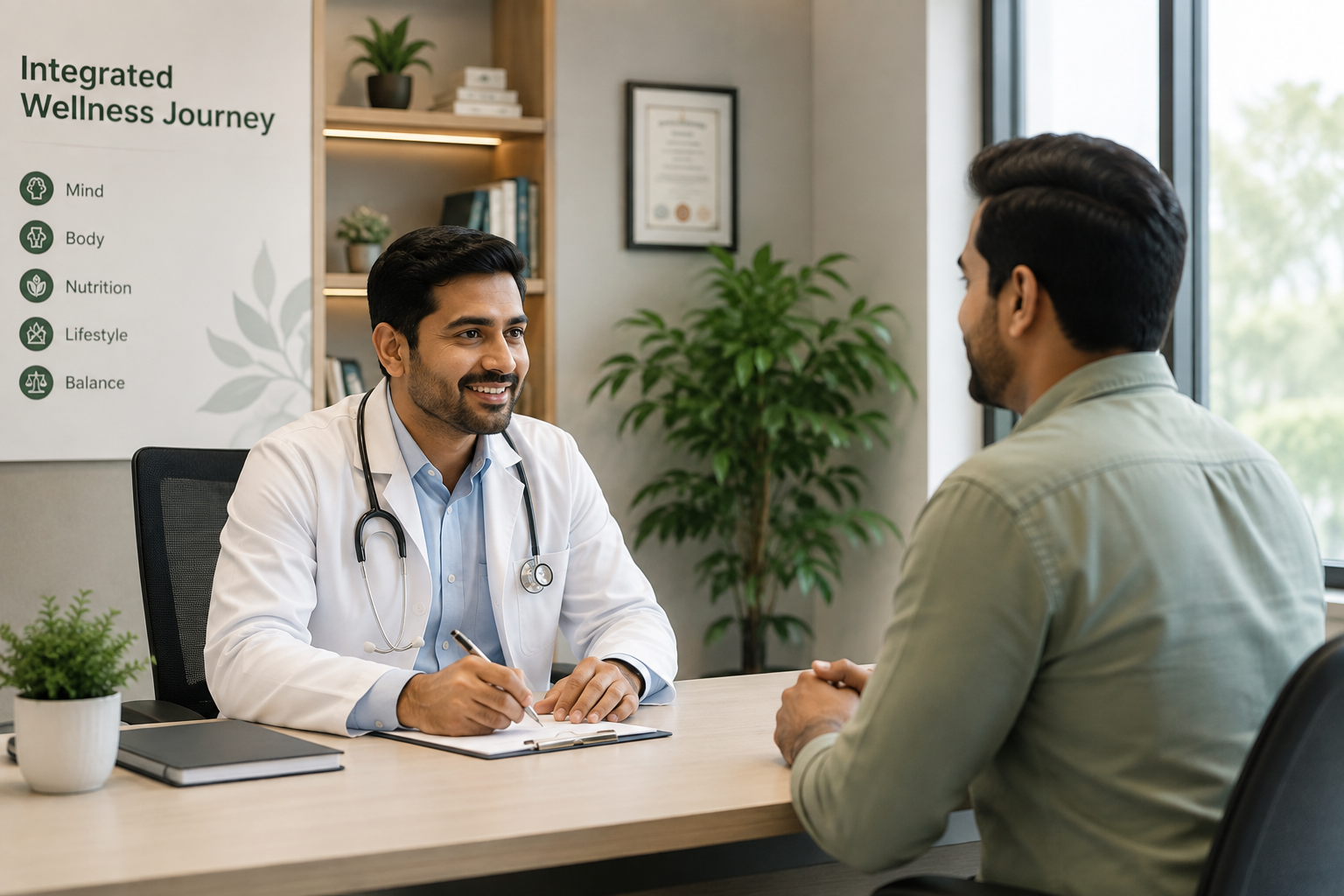 Doctor guiding a client through an integrated wellness consultation